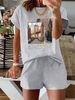 Summer New Black New York Pattern T-shirt, Casual Printed Round Neck Short Sleeved Top With Elastic Waist Pocket, Women's Two-piece Set-284_ecoleips.com