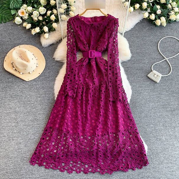 Elegant French Style Midi Dress For Women With Lace Detailing Round Neck Fitted Waist_ecoleips.com