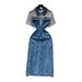 Women's Clothing Style Women's Faux Denim Patchwork Maxi Skirt Slimming Waist Cinching Summer Short Sleeved A-Line Two Piece Dress_ecoleips.com