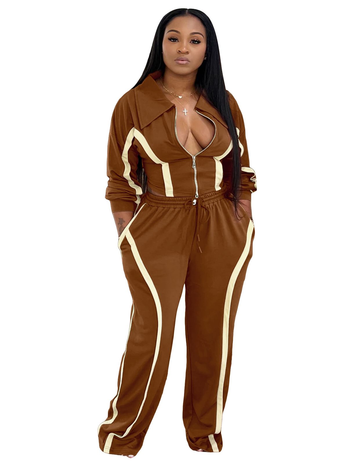 Trendy Contrast-Color Stripe Pantsuit Set – Women’S Zip-Up Batwing Sleeve Top & Wide-Leg Trousers (Office-To-Weekend Versatile Outfit)_ecoleips.com