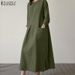 ZANZEA Spring Summer Loose Long Dress For Woman Cotton Linen O-Neck Long Sleeve Side Slit Solid Color Dresses Baggy Robes Femme_ecoleips.com