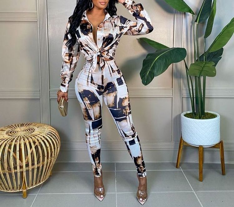 Women's European American Style Printed Lapel Jumpsuit Long Sleeve Slim Two Piece Set Fashion Autumn Winter New Arrivals_ecoleips.com