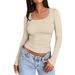 Women's Slim Fit Long Sleeve T-Shirt U-Neck Pullover Top Spring New Style Fashion Women's Clothing Shirt_ecoleips.com