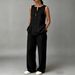 Women's Summer Cotton Linen Set Sleeveless Vest And Wide Leg Pants Two Piece Casual Fashion Mid Waist_ecoleips.com