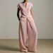 Women's Casual V Neck Pleated Textured Two Piece Set High Waisted Independent Website Bestselling Summer Pant Ensemble_ecoleips.com
