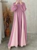 ZANZEA Women Color Block Patchwork Maxi Dress Fake Two-Piece Islamic O Neck Muslim Long Dresses Long Sleeve 2024 Fall Abaya Robe_ecoleips.com