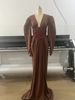 High-End European American Women's Long Sleeve Dress Sexy Slit Deep V Neck Formal Slim Fit with Heavy Duty Waist Belt Long Skirt_ecoleips.com