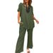 Women's Clothing Solid Color Short Sleeved V Neck Straight Wide Leg Pants Casual Elegant Loose Clothes_ecoleips.com