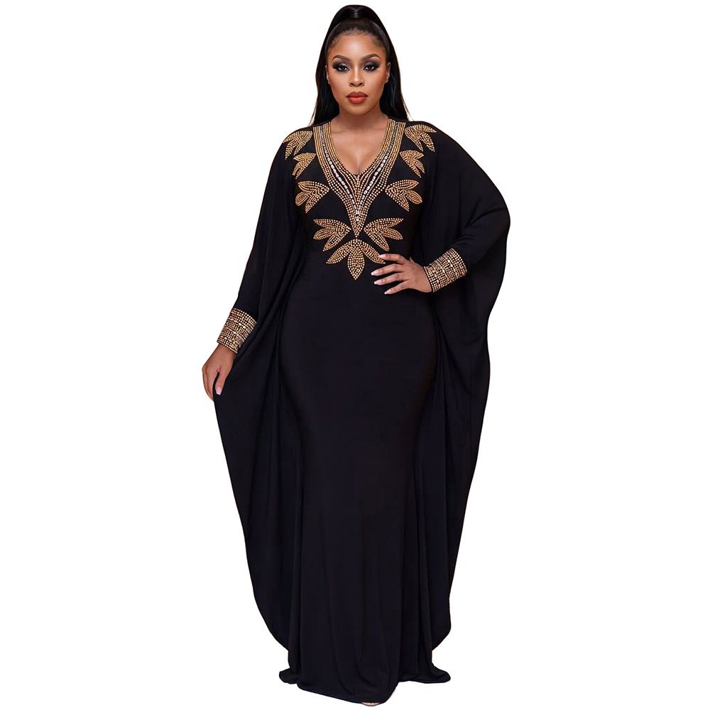 Women's Clothing Fashion Women's V Neck Rhinestone Dress Solid Color Long Sleeve For Formal & Casual For Women_ecoleips.com