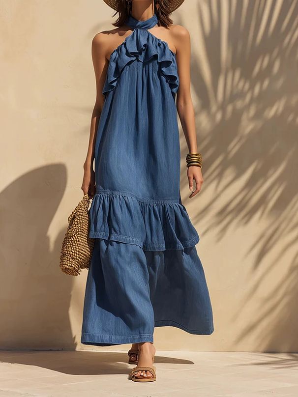 2026 Cross-Border European And American Spring/Summer Elegant Bohemian Style Halter Neck Tie Ruffle Sleeveless Faux_ecoleips.com