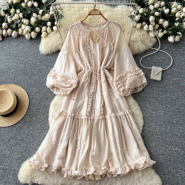 Ethereal French-Inspired White Dress – Ruffled Lace-Up Waist Midi Dress With 3D Floral Appliqués (White/Beige, One Size) | Romantic & Boho Chic_ecoleips.com