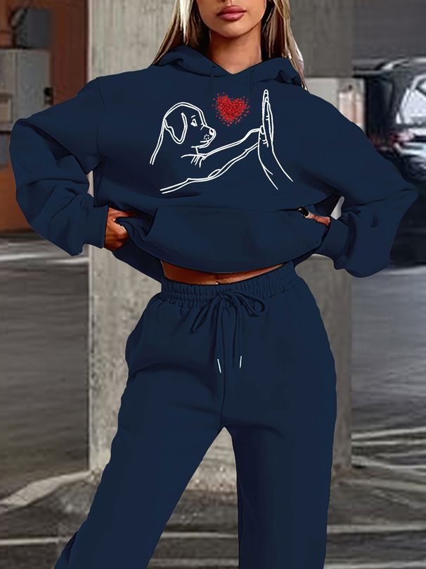 Women's Autumn/Winter Casual Fashion Dog And Heart Pattern Printed Thick Fleece Warm Hoodie+Sports Pants Set-704_ecoleips.com