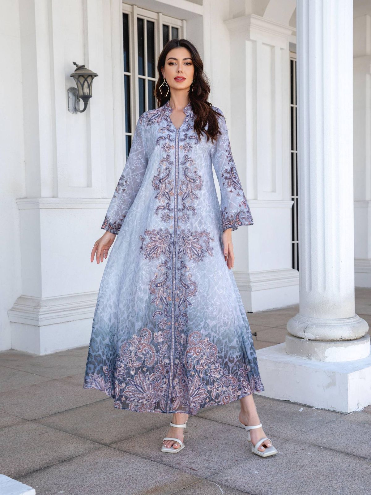 Middle Eastern Muslim Women's Embroidered Long Robe Dress, Printed Rhinestone Abaya, Elegant Floral Design, Perfect For Casual Wear_ecoleips.com