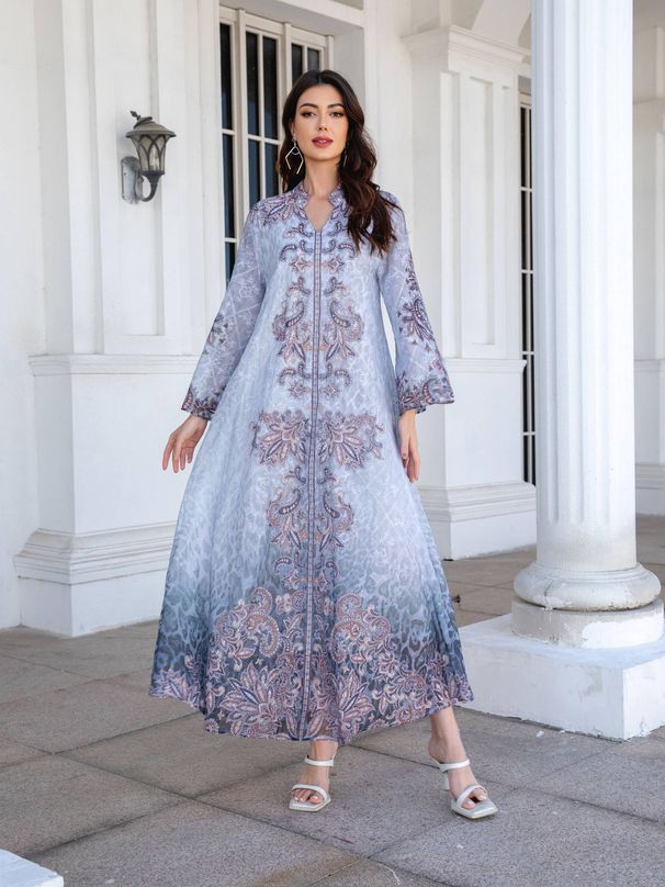 Middle Eastern Muslim Women's Embroidered Long Robe Dress, Printed Rhinestone Abaya, Elegant Floral Design, Perfect For Casual Wear_ecoleips.com