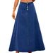 Women's A-Line Denim Skirt With Single Button – Vintage Washed Maxi Skirt For Casual & Office (Dark Blue, XS-XXL)_ecoleips.com