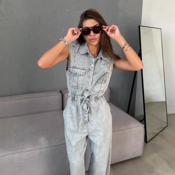 Women's Clothing Autumn Sleeveless Heavy Denim Jumpsuit Women's High End Lace Up Waist Denim Jumpsuit_ecoleips.com