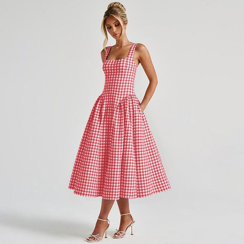 Women's Plaid Print French Style Dress Fashion Waist Cinching Backless Suspender Dress Sexy Princess Gown_ecoleips.com
