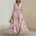 Elegant Floral Print Pleated Maxi Dress – V-Neck Long Sleeve A-Line Dress For Women (S-XXXL, White/Blue/Pink/Yellow)_ecoleips.com