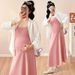 Autumn New Korean Fashion Maternity Dress Two-Piece Set With Strap Blouse_ecoleips.com