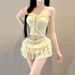 Women's Japanese Style Hot Spring Swimsuit Two Piece Set With Halter Top Solid Color Cake Skirt Cute And Girly_ecoleips.com