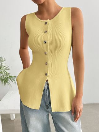 Women's Clothing Pullover Fashion Knitted Sweater Vest Vest Gold Button_ecoleips.com