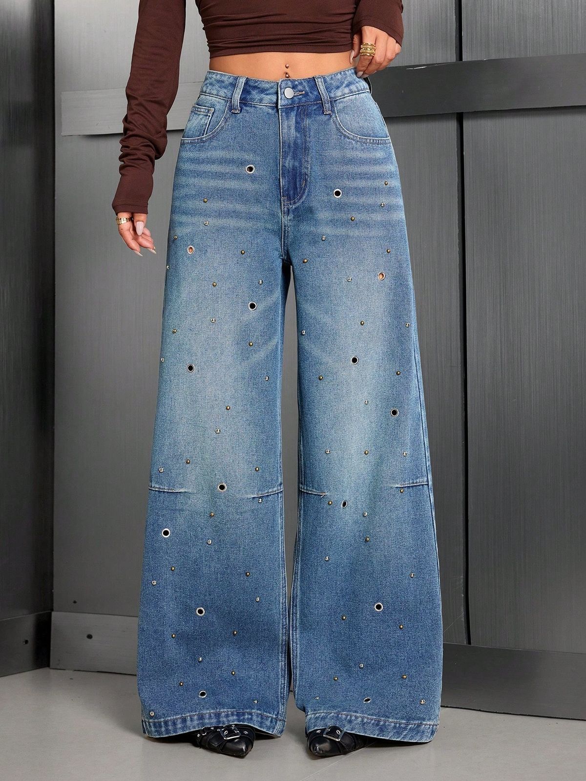 Women's Studded Jeans Style Retro Washed Casual Loose Straight Leg Pants Versatile_ecoleips.com