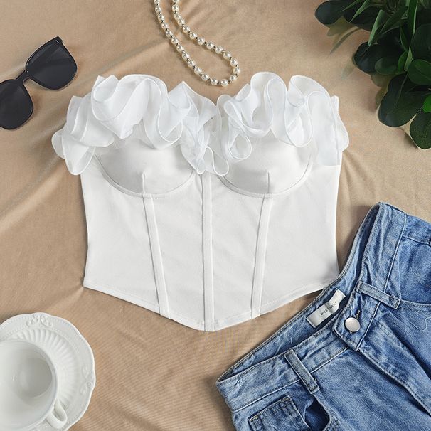 Sweet White Petal Trimmed Strapless French Retro Ruffled Top For Women Slimming Outer And Inner Wear_ecoleips.com