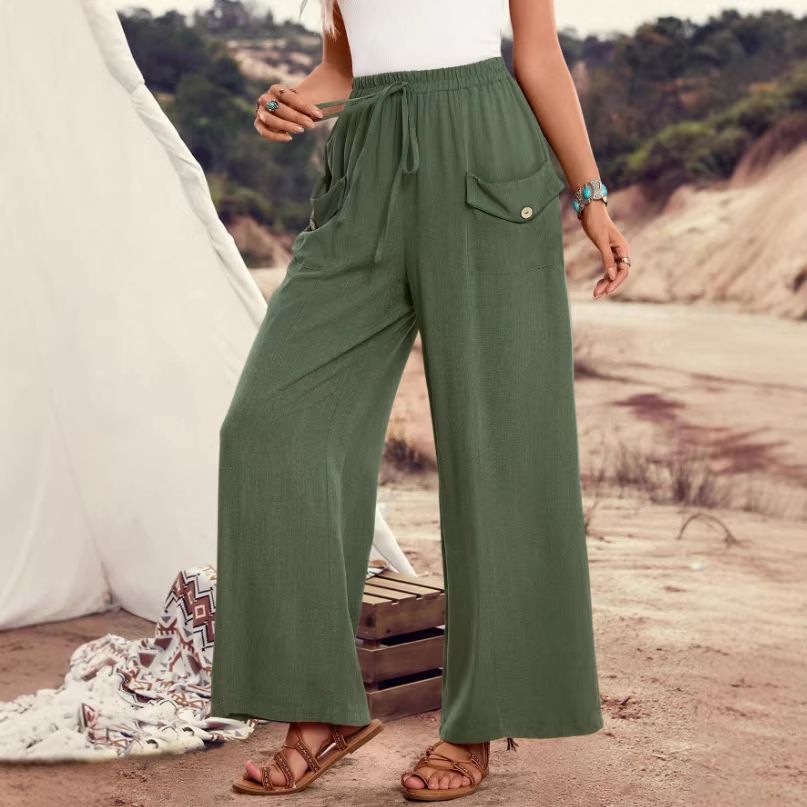 Women's Summer Casual Trousers Solid Color Button Decoration Pockets Drawstring Elastic Waist Wide Leg_ecoleips.com