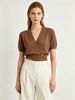 English: French Elegant V - Neck Crossover Design Double - Row Gold Button Short - Sleeve Knit Top_ecoleips.com