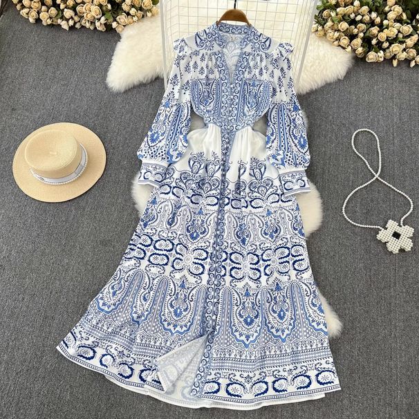 Spring And Autumn Vintage Court-style Elegant Ruffled V-neck Single-breasted Lantern Sleeve Waist-cinching A-line_ecoleips.com