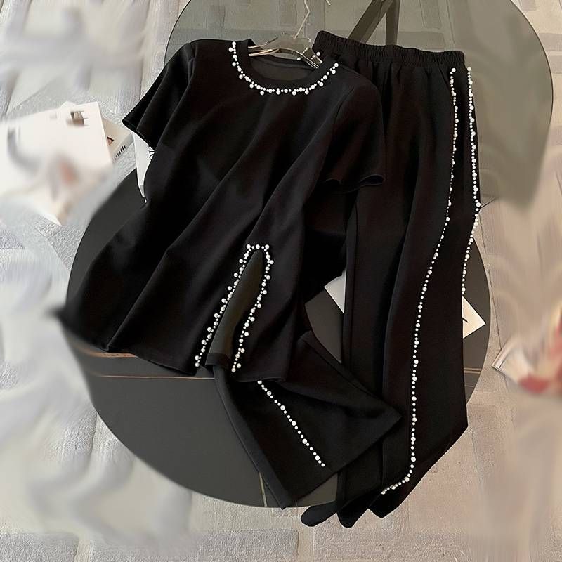 Women's Clothing High End Fashion Street Blasting Wide Leg Pants Suit For Women, Slim Beaded Split Top, Two Piece Suit_ecoleips.com