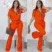 Short-sleeved Zip-up Top And Flared Pants Two-piece Suit_ecoleips.com