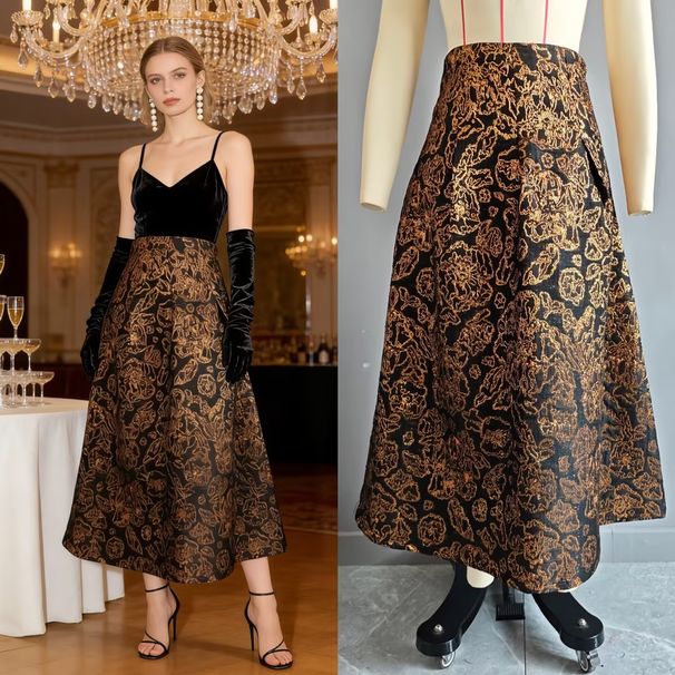 Women's Clothing Women's High-End Waist Slimming Skirt Fashion Retro Gold Jacquard European American Style Long Sleeve For Formal & Casual_ecoleips.com