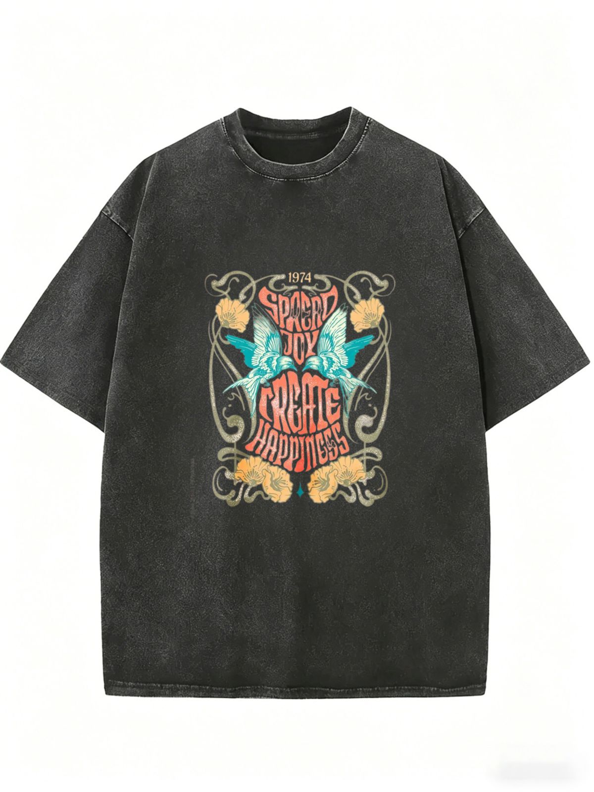 Swallow Floral Print Oversized Vintage-Wash Distressed T-Shirt – Unisex Loose-Fit Crew-Neck Short-Sleeve Top With A Retro Vibe_ecoleips.com
