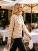 Lilac Yellow Stripe Pit Rib Knit Cardigan, Loose Lightweight Breathable Soft Skin-touch Long Sleeve Round Neck Button Knit Jacket_ecoleips.com