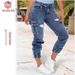 European American Cross-border Foreign Trade Women's Ripped Stretch Skinny Jeans With Elastic Cuffs And Multiple Pockets_ecoleips.com