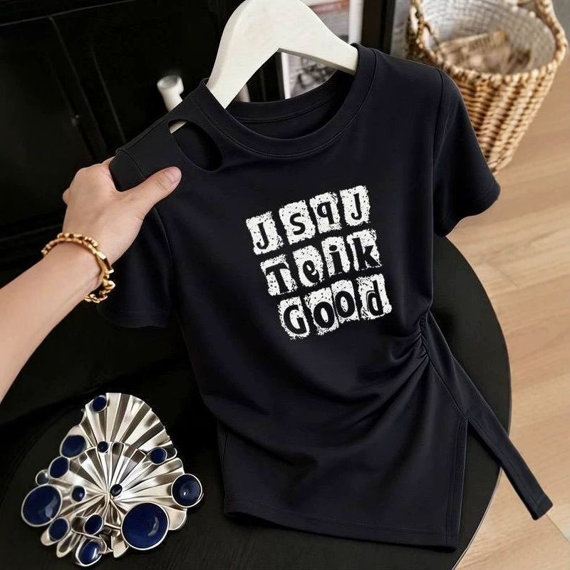 Women's Clothing Women's Irregularly Patterned Hollow Out Printed Short Sleeve T-Shirt Stylish Summer Design Fashionable Pleated Top_ecoleips.com