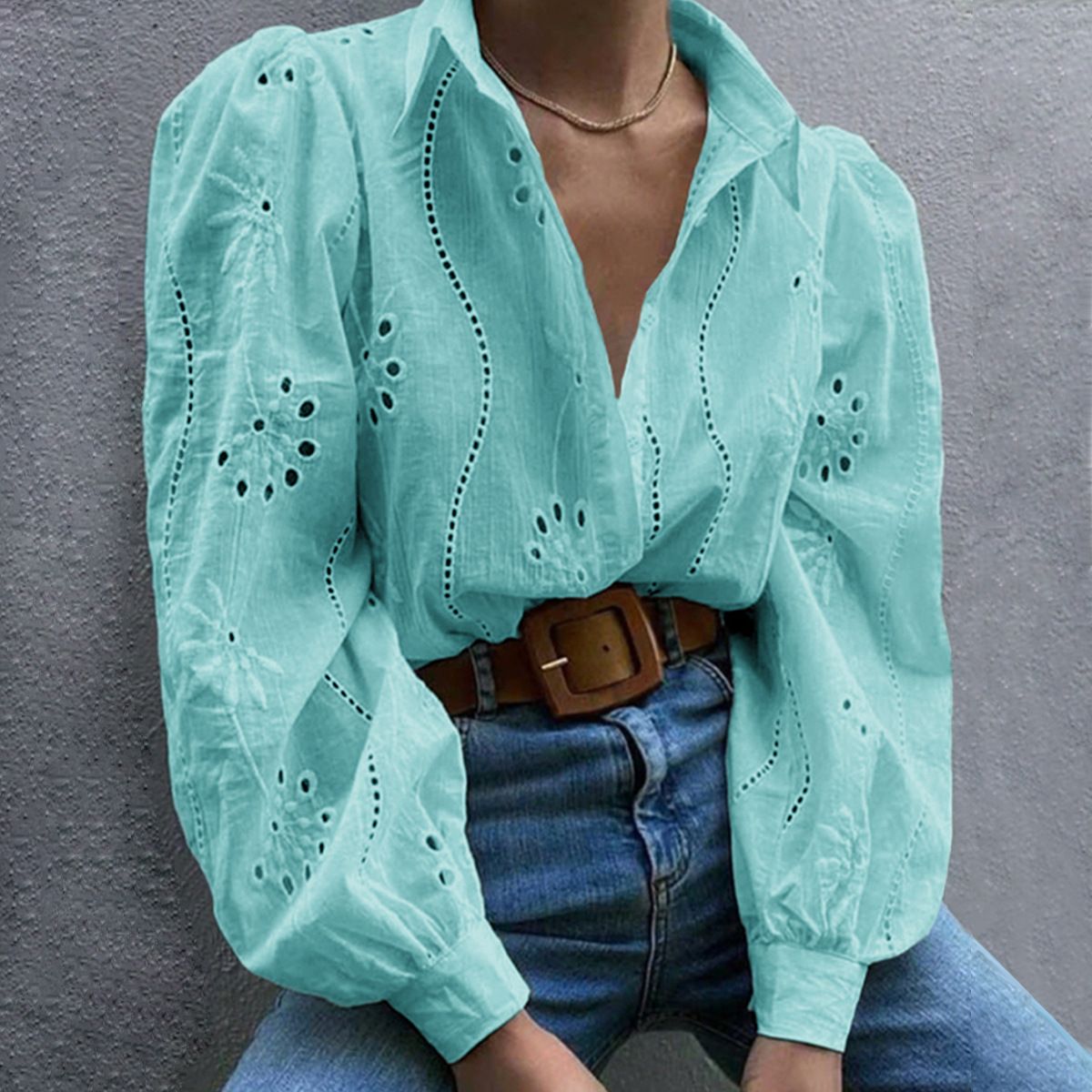 Women's Clothing Autumn And Winter Loose Fashion Hollow Puff Sleeve Cardigan Top Women's Clothing_ecoleips.com