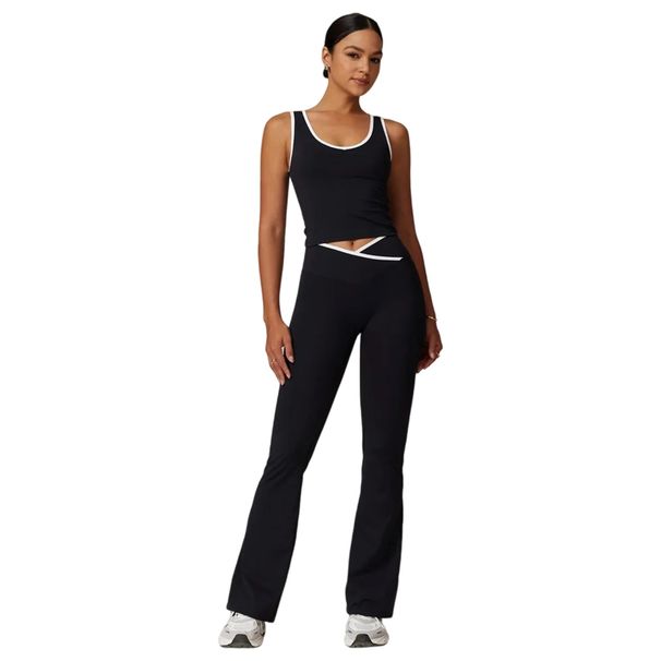 K Color Blocked Cross Flared Pants Nude Yoga Running Fitness Yoga Suit Two-piece Set_ecoleips.com