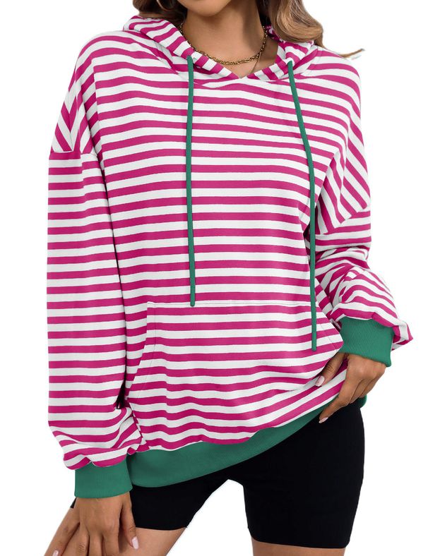 Women's Casual Striped Hooded Sweatshirt Oversized Streetwear Pullover Cotton Blend Long Sleeve Loose Fit Fall Winter Fashion_ecoleips.com