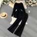 Women's Autumn Two Piece Set Niche Design Belt Waist Long Sleeved Knit Cardigan High Waisted Loose Wide Leg Pants_ecoleips.com