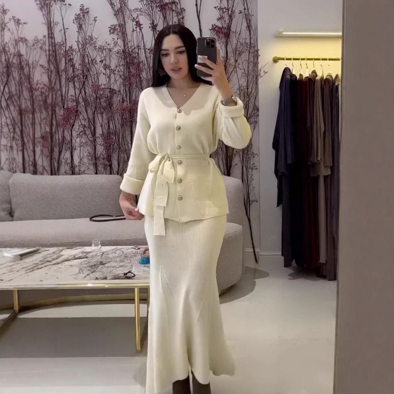 V-Neck Button Front Long Sleeve Knit Cardigan With Matching Pencil Skirt Set - Versatile Casual & Office Wear (XS-XXXL, Black/Cream/Brown)_ecoleips.com