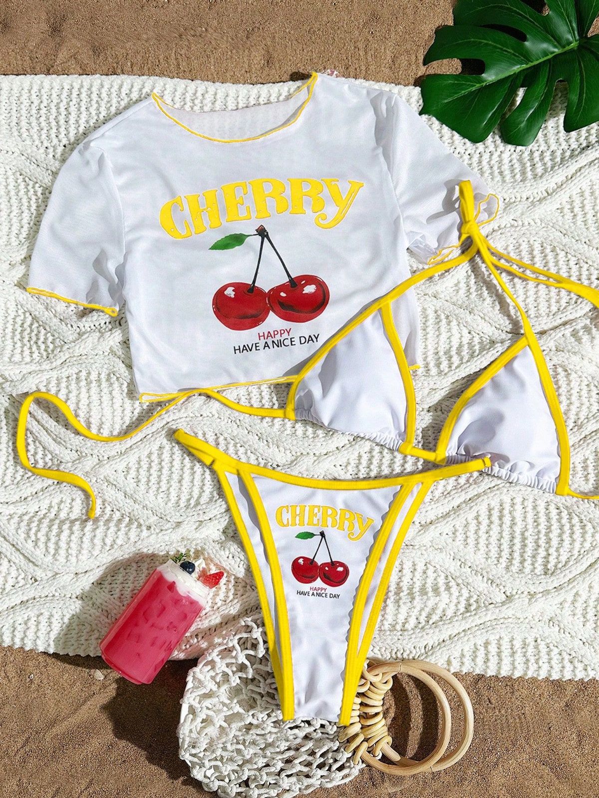 Women's Cherry Print Bikini Set – Adjustable Ties & Ruffled Apron Style Swimwear, Quick-Dry Polyester (8 Colors, S-Xl)_ecoleips.com