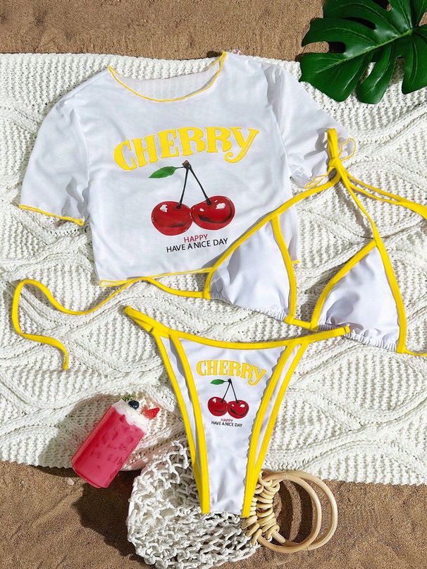 Women's Cherry Print Bikini Set – Adjustable Ties & Ruffled Apron Style Swimwear, Quick-Dry Polyester (8 Colors, S-Xl)_ecoleips.com