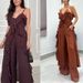 Women's Clothing Solid Color Chiffon V Neck Suspenders Ruffle Straight Pants Two Piece Set_ecoleips.com
