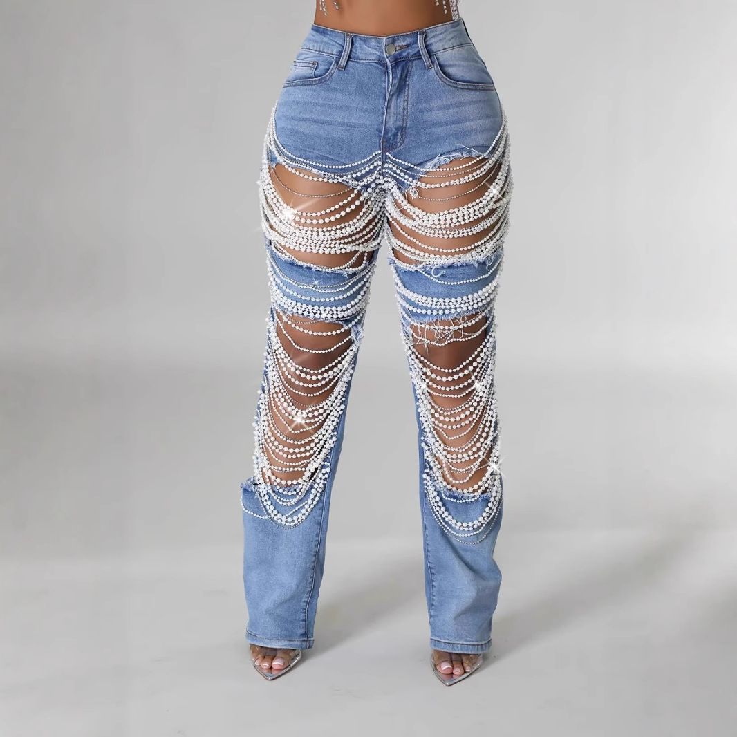 Women's Pearl Embellished Ripped Jeans - Stretch Wide Leg Denim Pants, Vintage Washed Loose Fit For Streetwear & Casual_ecoleips.com