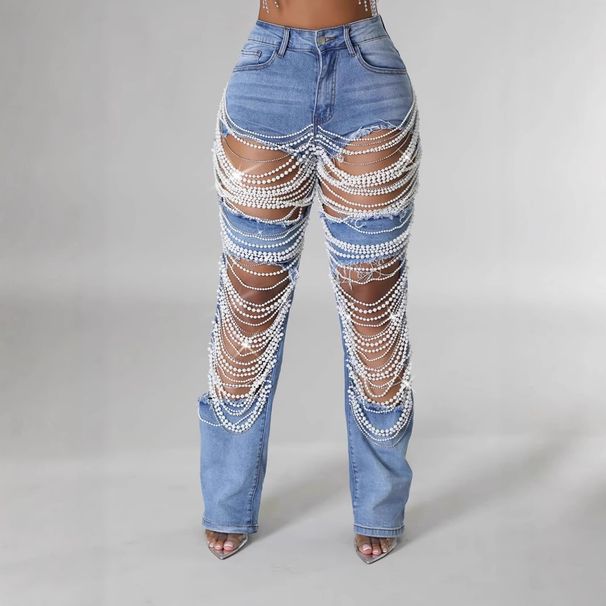 Women's Pearl Embellished Ripped Jeans - Stretch Wide Leg Denim Pants, Vintage Washed Loose Fit For Streetwear & Casual_ecoleips.com