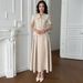 girl 2025 Autumn New European And American Cross-Border Women's Fashion Light Beige Lapel Tie Waist Dress Set Elegant Party_ecoleips.com