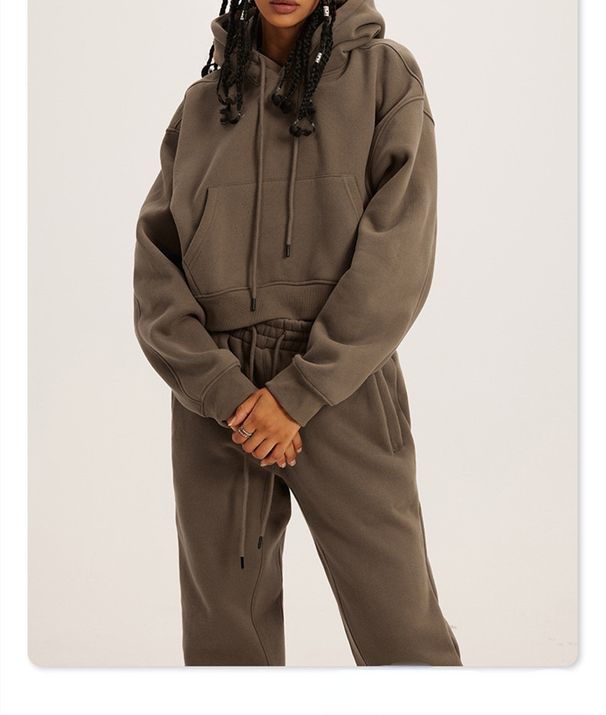 Streetwear Hooded Fleece Sweatshirt For Women - Cozy Oversized Pullover With Long Sleeves, Soft Cotton Blend, Trendy Cropped Fit In Solid Colors_ecoleips.com