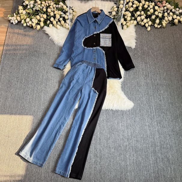 Retro Casual Suit For Women Korean Version Contrast Color Stitching Denim Shirt + High Waist Loose Wide Leg Pants Two Piece Suit_ecoleips.com
